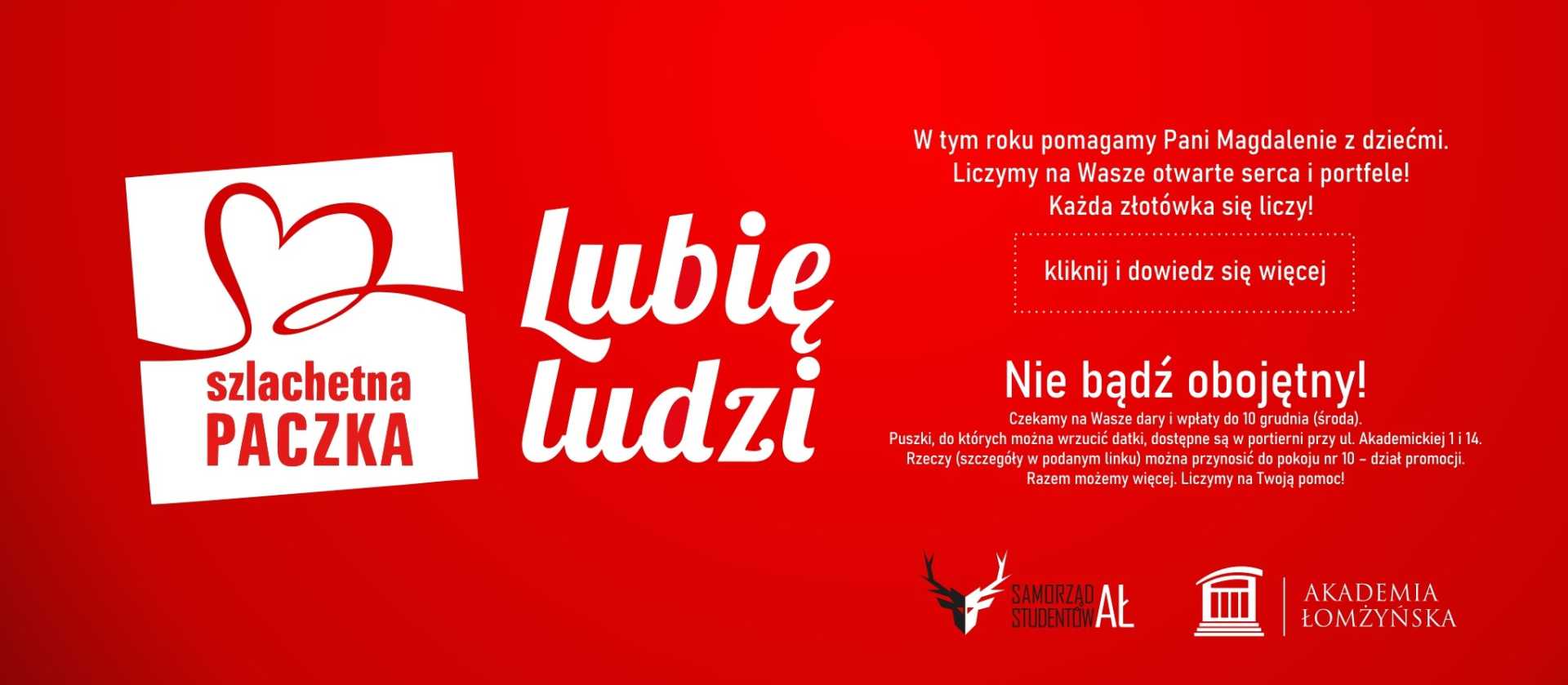Grafika kampanii Szlachetna Paczka z hasłem ‘Lubię ludzi’ na czerwonym tle, zachęcająca do pomocy rodzinie w potrzebie