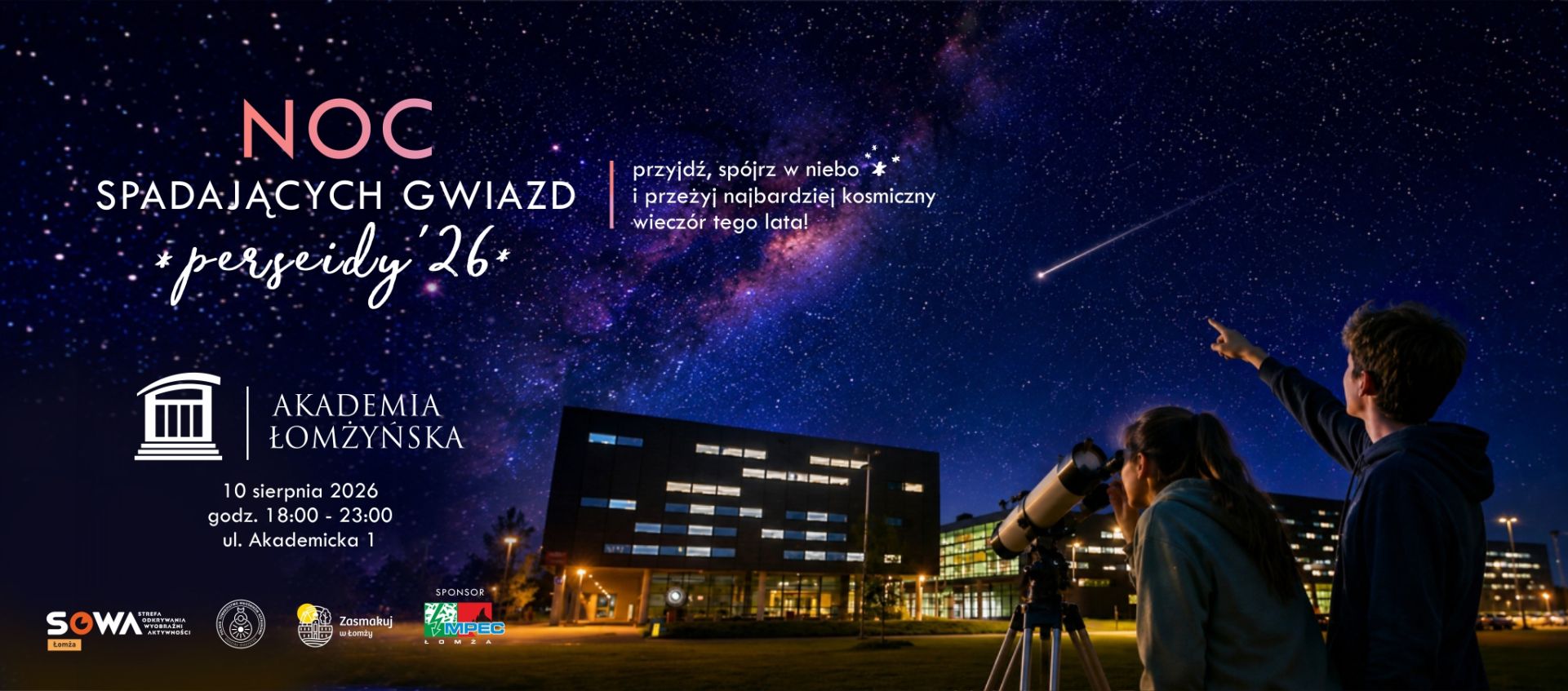 lakat wydarzenia ‘Noc spadających gwiazd – Perseidy 2026’ przy Akademii Łomżyńskiej, z nocnym niebem, teleskopem i osobami obserwującymi gwiazdy